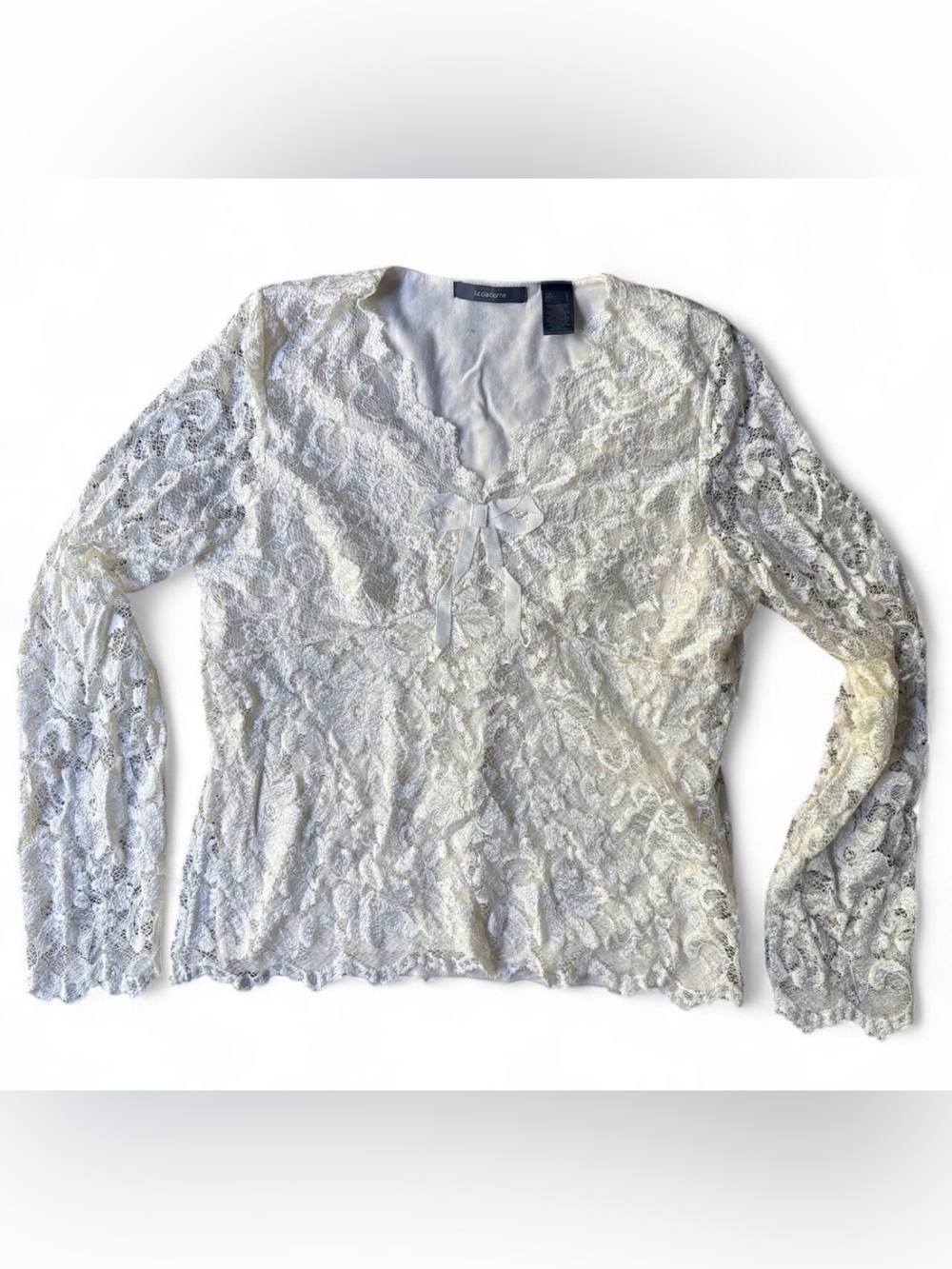 Vintage Liz Claiborne Cream Floral Lace Bow Blouse Size L